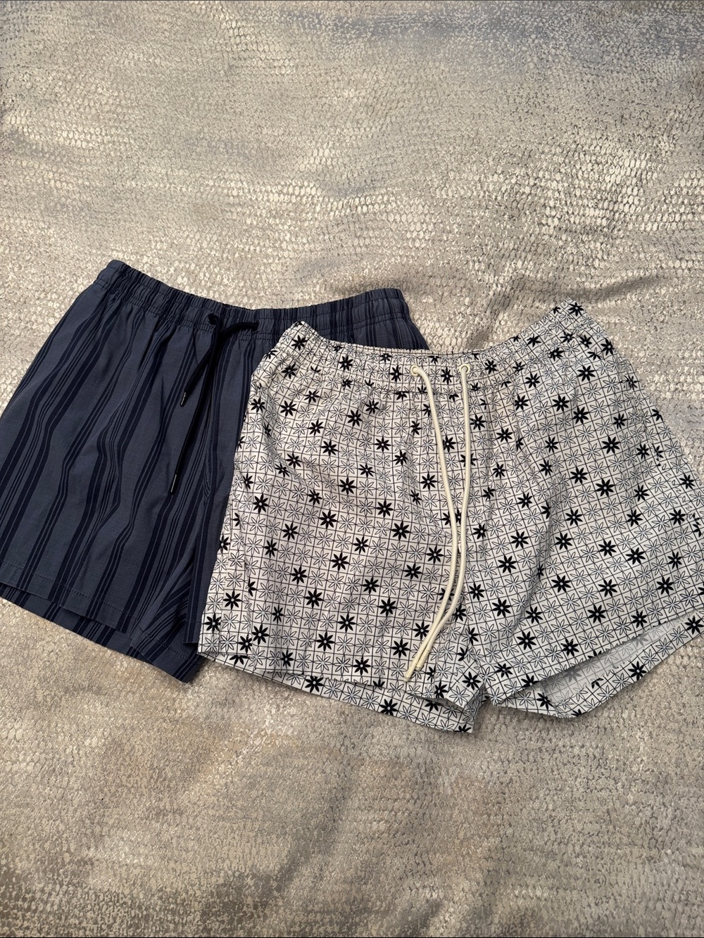 Zara Gray, and Black Striped & White Pattern Men's Swim Trunks Two Pair